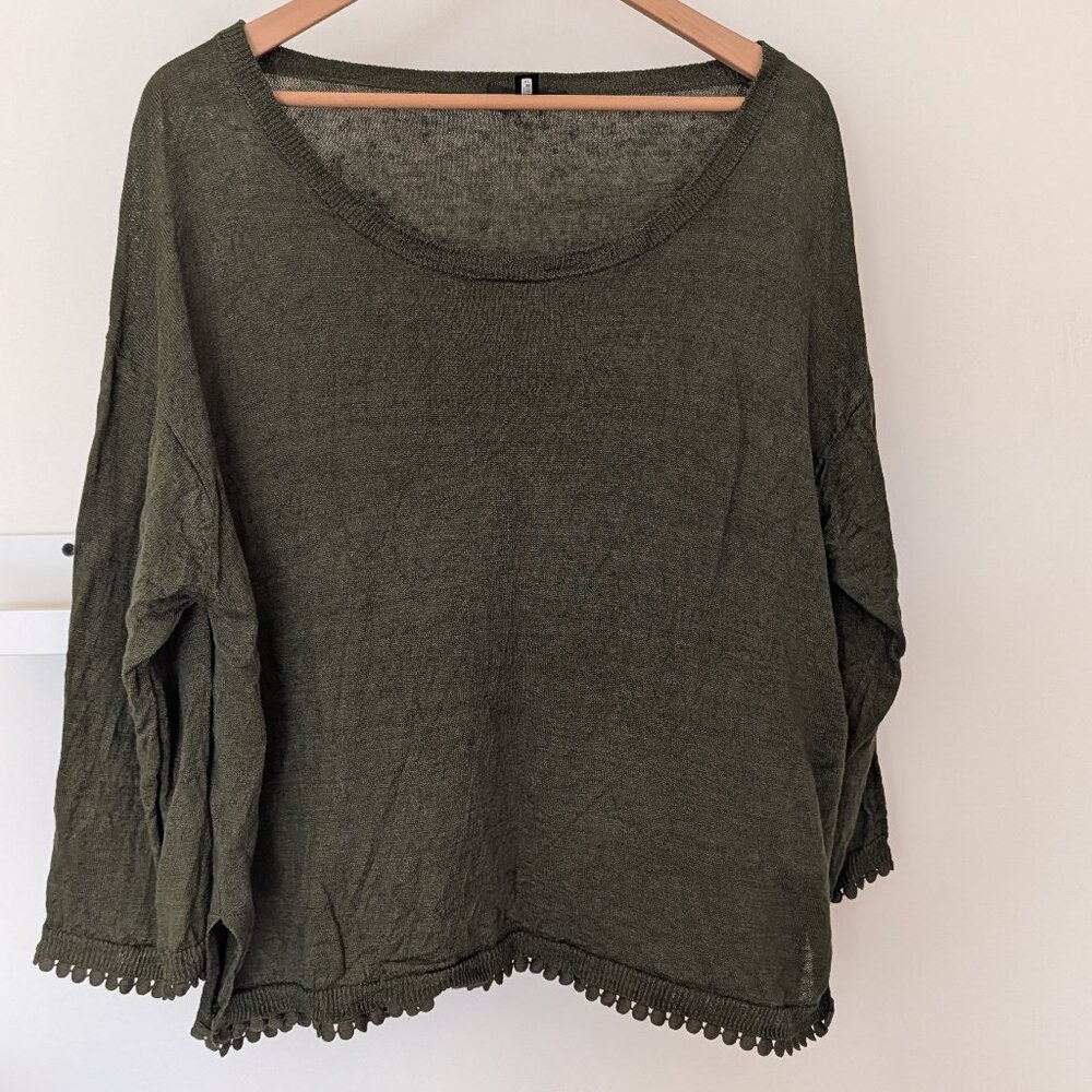 J. Crew Womens XL Scoop Neck 100% Linen Sweater w Trim Olive Green Lightweight